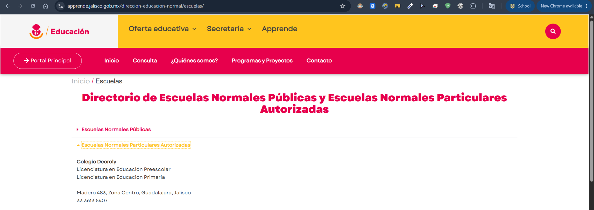 Ejemplo visual para localizar Colegio Decroly en el directorio oficial de Escuelas Normales de Jalisco